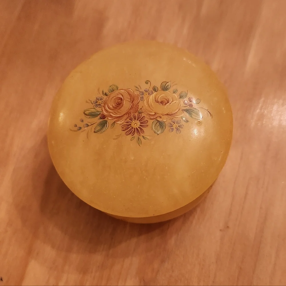 Vintage Alabaster Hinged Trinket Jewelry Box With Flowers Made In Italy